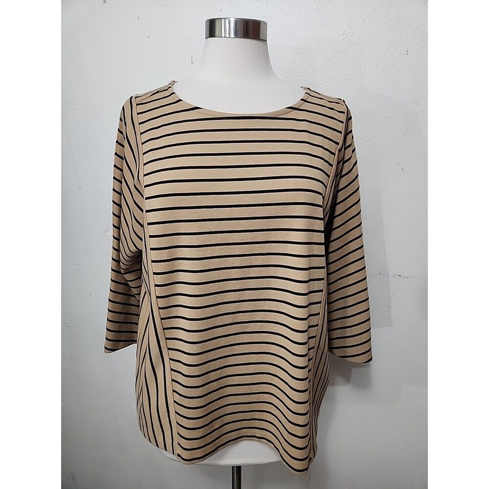 Chico's Womens Top Size 3 Brown  Stripe Knit Stretch Pullover 3/4 Sleeve XL